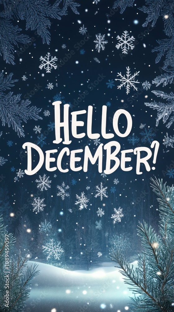 Hello December text in handwritten style with snowflakes and frosted trees in a peaceful blue winter forest Hello December text in handwritten style with snowflakes and frosted trees in a peaceful blue winter forest