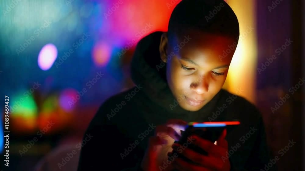 Boy Using Smartphone in Dark Room with Colorful Lights Boy Using Smartphone in Dark Room with Colorful Lights
