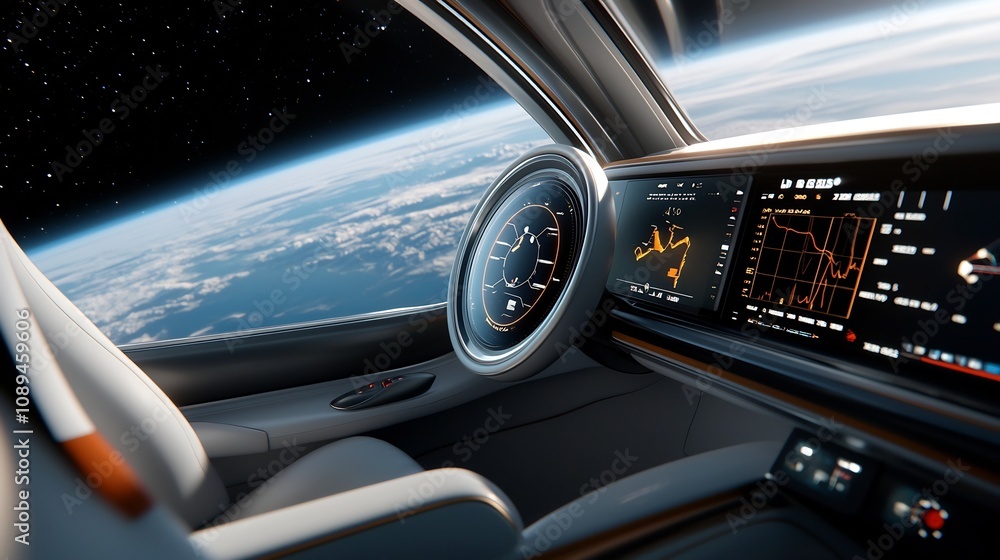 Futuristic corporate presentation showcased on the dashboard display of a sleek spacecraft highlighting investment opportunities and strategic plans for colonizing moons and planets across the galaxy Futuristic corporate presentation showcased on the dashboard display of a sleek spacecraft highlighting investment opportunities and strategic plans for colonizing moons and planets across the galaxy