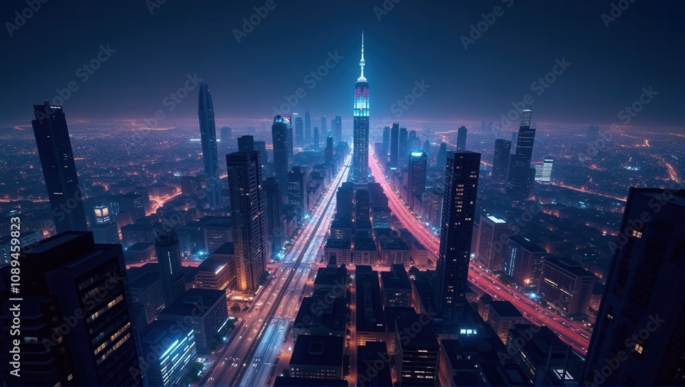 Fototapeta premium Night cityscape with illuminated skyscrapers and busy traffic trails on a curved overpass by the waterfront. Generative, AI,