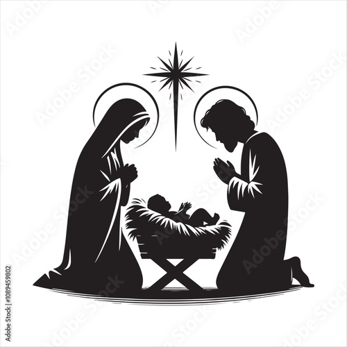 Baby Jesus in a manger, with Mary and Joseph vector art illustration