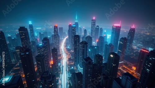 Night cityscape with illuminated skyscrapers and busy traffic trails on a curved overpass by the waterfront. Generative, AI,