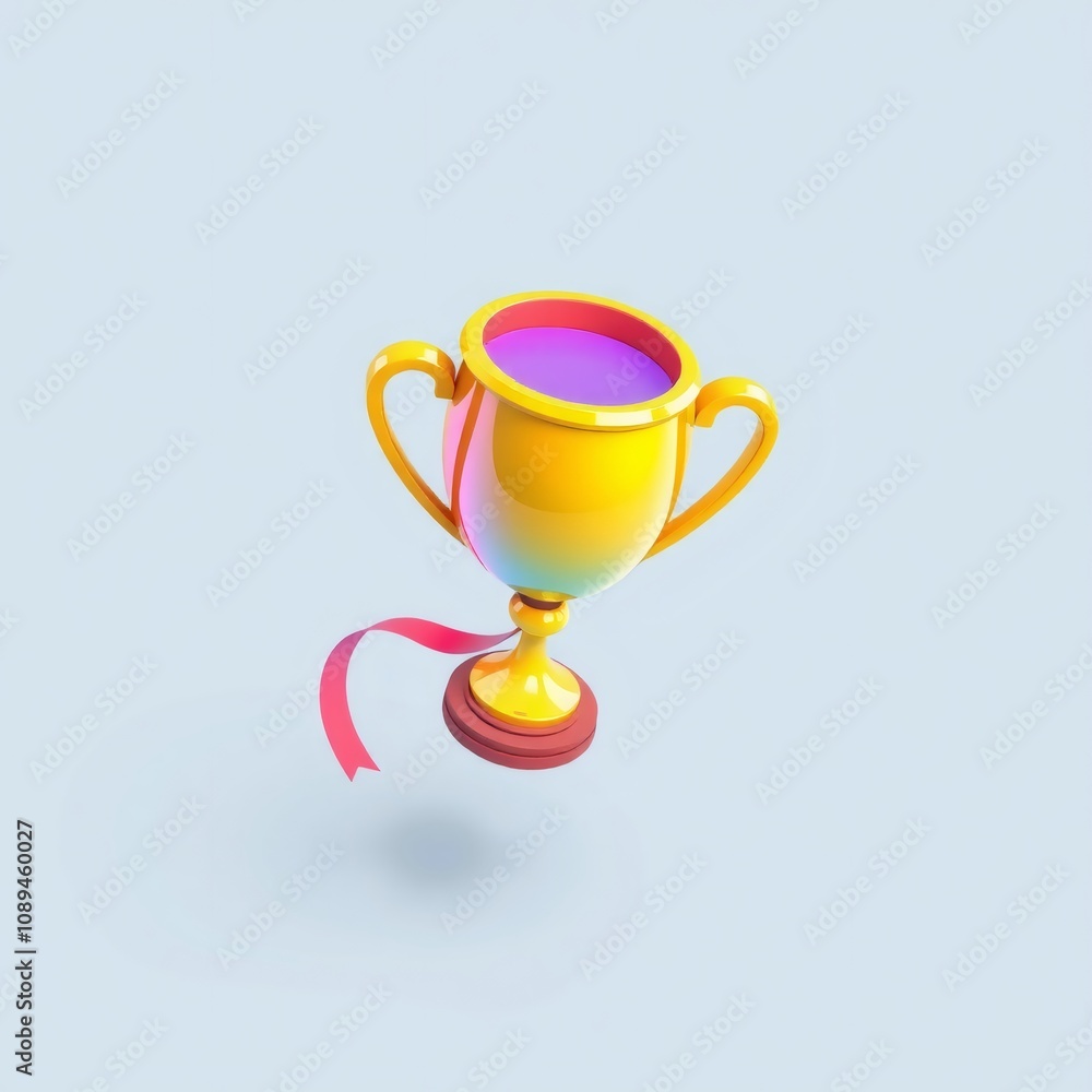 Golden trophy cup with a red ribbon, 3D rendering on a blue background. Golden trophy cup with a red ribbon, 3D rendering on a blue background.