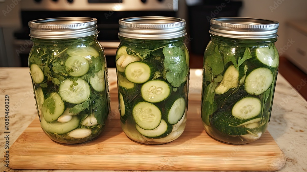 Three glass jars of pickling cucumbers, filled with brine, herbs, and garlic, placed on a wooden cutting board Three glass jars of pickling cucumbers, filled with brine, herbs, and garlic, placed on a wooden cutting board