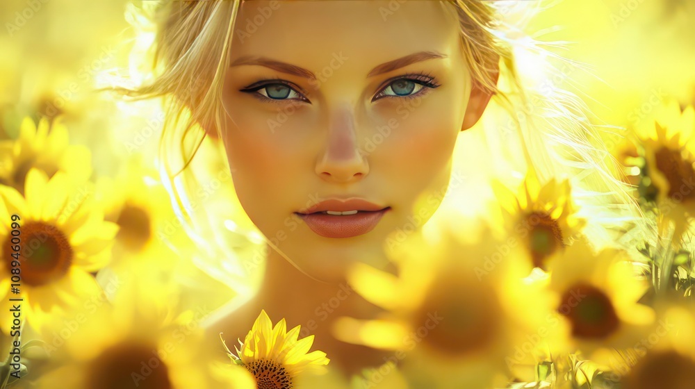 a beautiful blonde woman with blue eyes standing in a field of yellow flowers with sunflowers in front of her. a beautiful blonde woman with blue eyes standing in a field of yellow flowers with sunflowers in front of her.