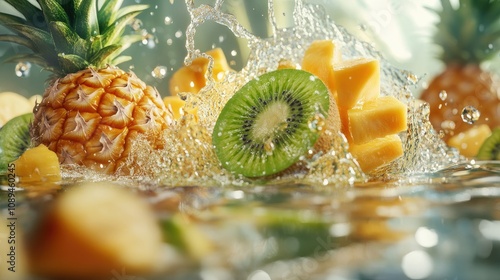 Tropical fruits like kiwi, mango, and pineapple falling into water with an energetic splash, evoking exotic freshness. photo