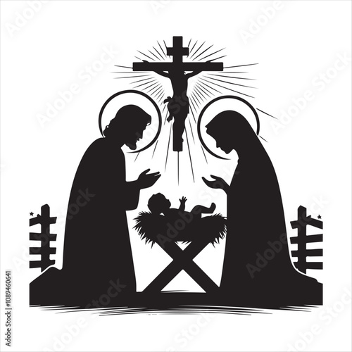 Baby Jesus in a manger, with Mary and Joseph vector art illustration