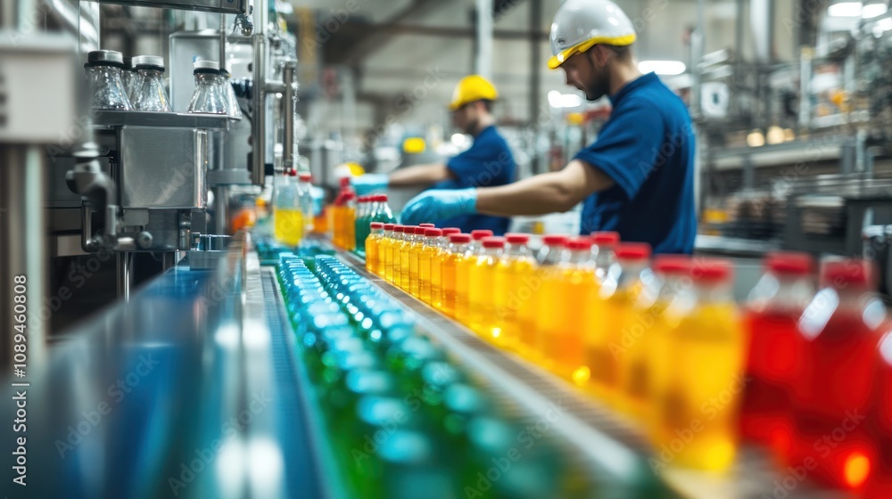 custom made wallpaper toronto digitalEmployees in a beverage factory work together at the production line, filling bottles with colorful liquids.