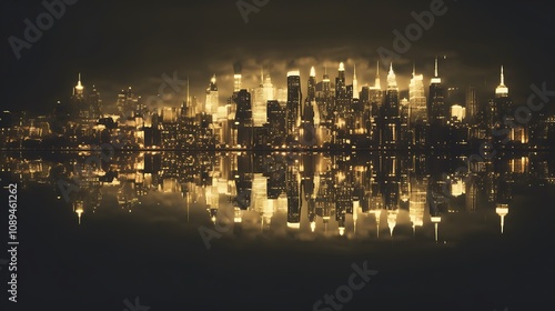 Night City Skyline Reflected In Calm Water photo