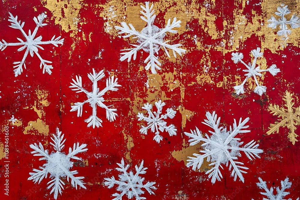 Abstract snowflakes in white and gold on a red background Abstract snowflakes in white and gold on a red background