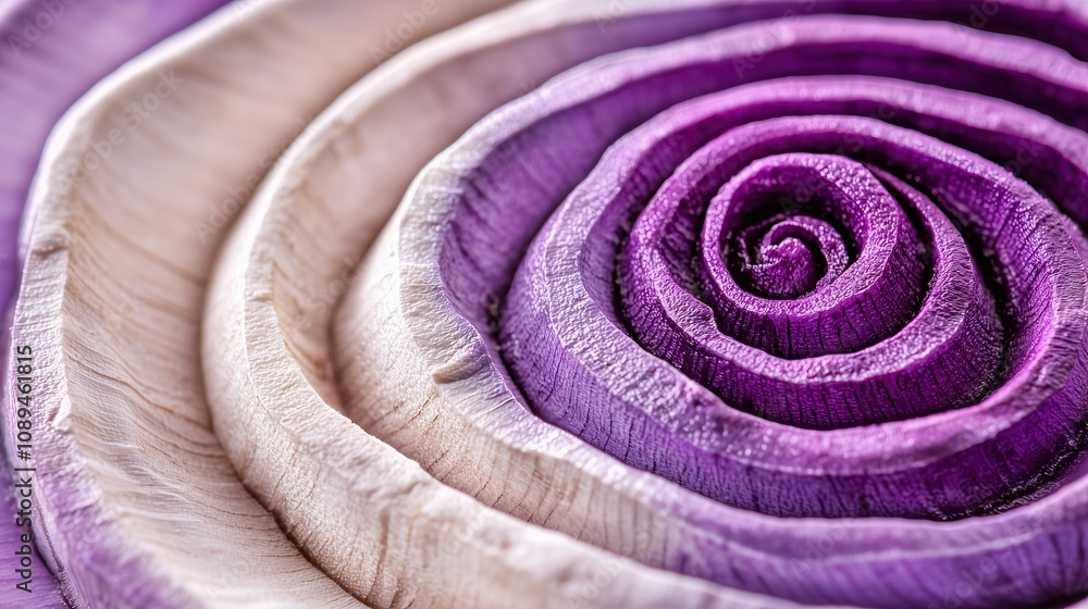 Close-up of elegant purple and cream spiraled wood decor detail. Close-up of elegant purple and cream spiraled wood decor detail.