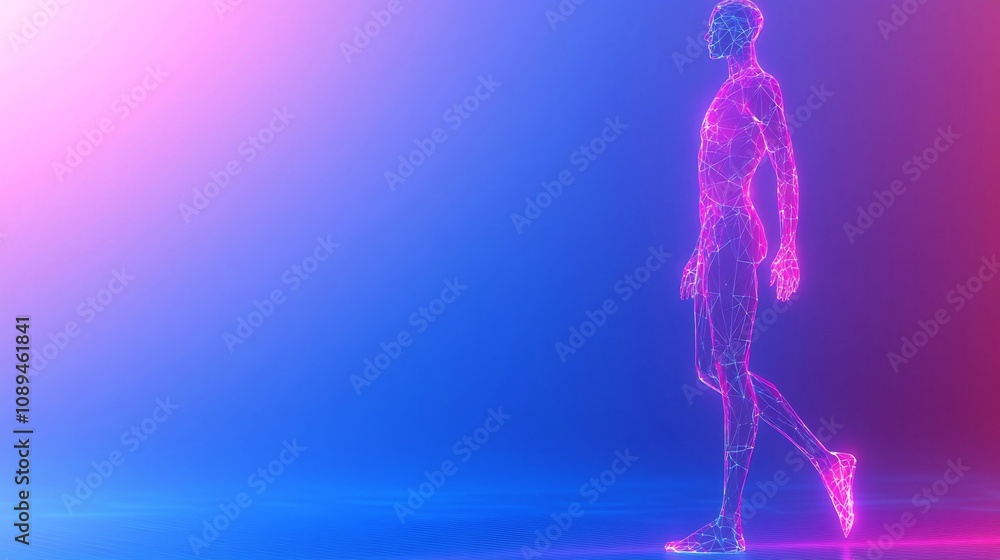 Futuristic digital human body with a low poly polygonal wireframe silhouette on a glowing blue and pink gradient background blending anatomy and advanced technology in a conceptual abstract design Futuristic digital human body with a low poly polygonal wireframe silhouette on a glowing blue and pink gradient background blending anatomy and advanced technology in a conceptual abstract design