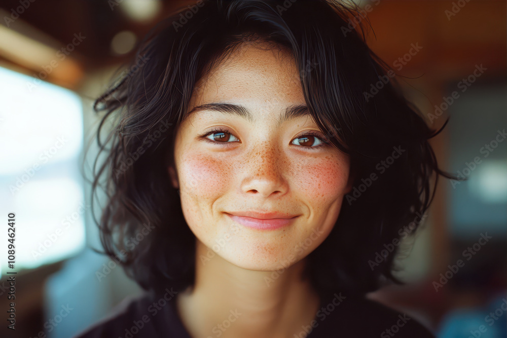 Smiling Young Woman With Curly Hair Captured in a Natural Setting in Japan Smiling Young Woman With Curly Hair Captured in a Natural Setting in Japan