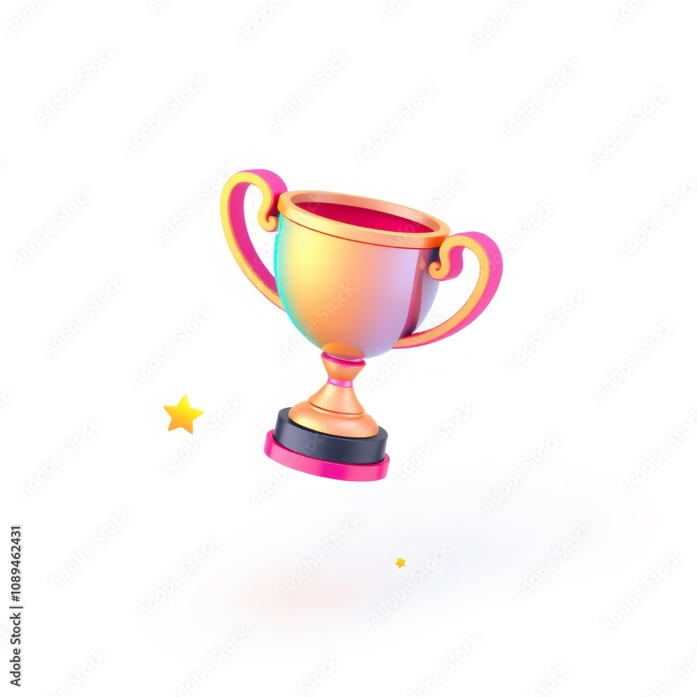 3D render of a golden trophy cup with a pink base and stars on a white background. 3D render of a golden trophy cup with a pink base and stars on a white background.