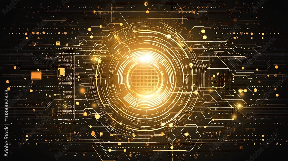 Obraz premium Futuristic golden circuitry patterns and computer motherboard elements layered on a sleek sophisticated dark technology background Featuring chip and semiconductor themes with a digital