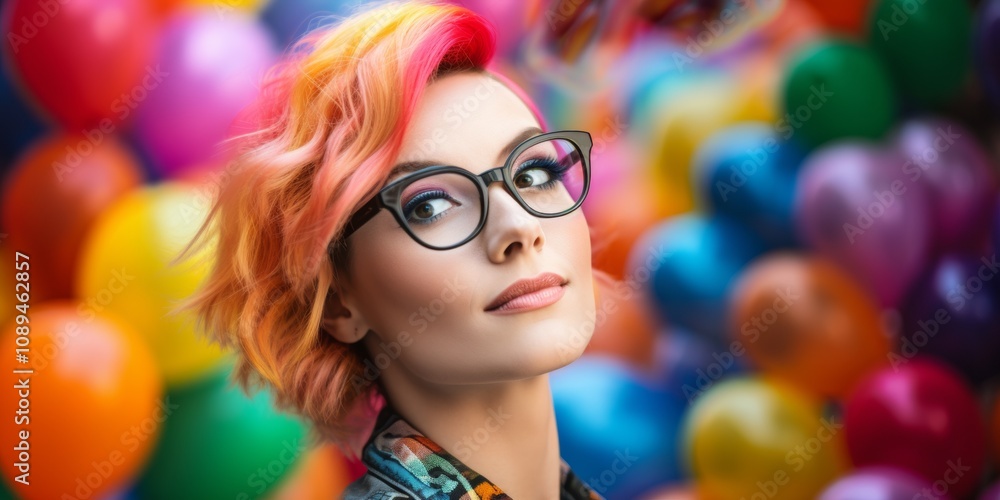 Portrait of beautiful woman with inflatable rainbow balloons. Generative AI. Portrait of beautiful woman with inflatable rainbow balloons. Generative AI.