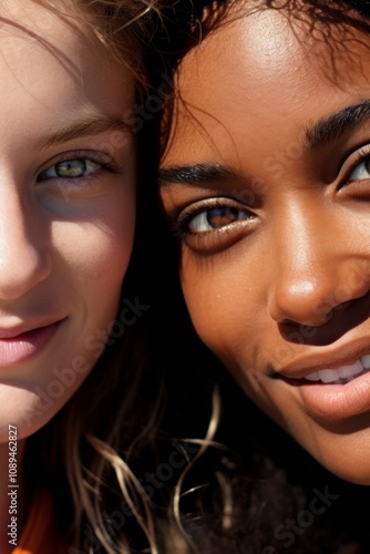 Vertical portrait of two multiracial friends. They press face to face. Generative AI.