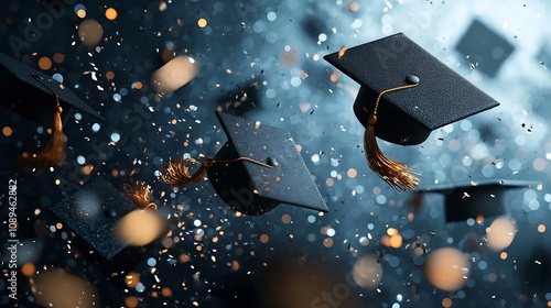 Graduation caps soaring like fireworks in a vibrant celebratory night sky symbolizing the achievement success and promise of academic accomplishments photo