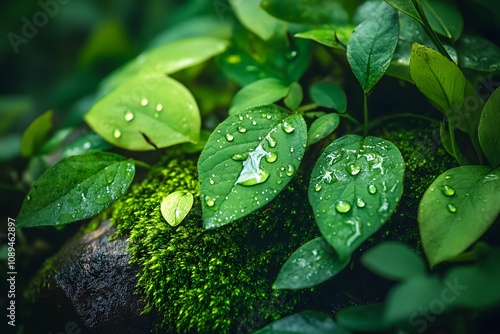 mossy rocks with lush greenery and cascading water surrounded by tropical plants and garden close-up with wet foliage photo