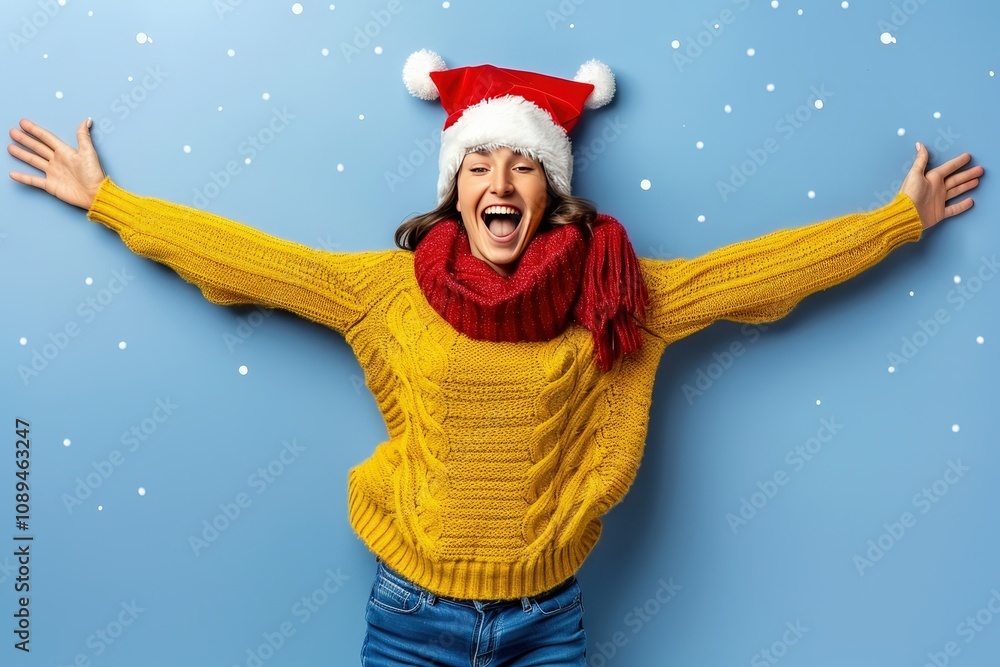 A joyful woman in a yellow sweater and Santa hat celebrates the winter season against a blue background, surrounded by falling snowflakes. A joyful woman in a yellow sweater and Santa hat celebrates the winter season against a blue background, surrounded by falling snowflakes.