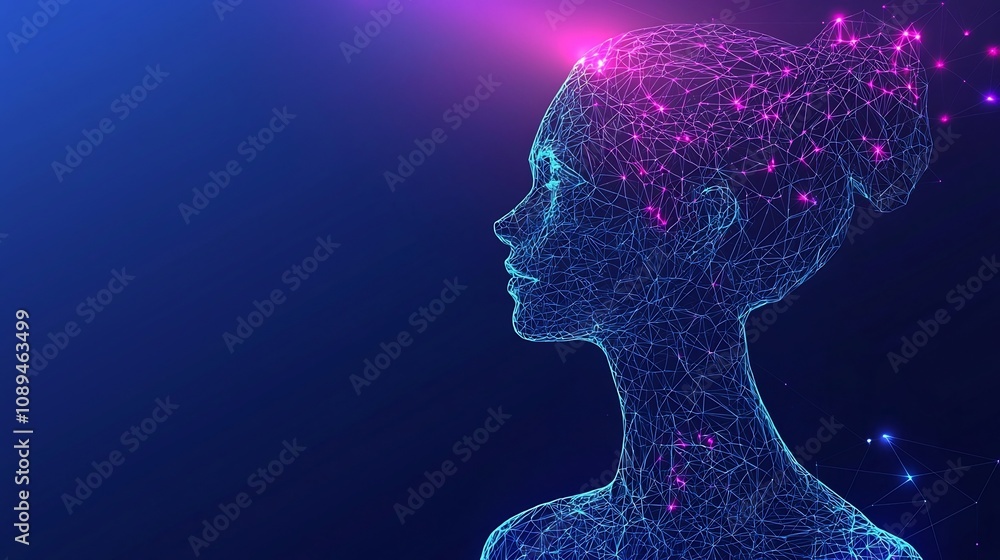 Futuristic low poly digital anatomy figure designed as a polygonal wireframe human body glowing on a gradient blue and purple background with a sleek technological look Futuristic low poly digital anatomy figure designed as a polygonal wireframe human body glowing on a gradient blue and purple background with a sleek technological look