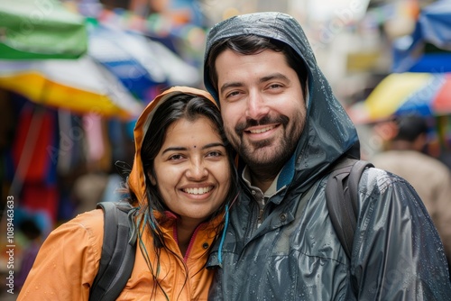 Portrait of a blissful indian couple in their 30s sporting a waterproof rain jacket on vibrant market street background