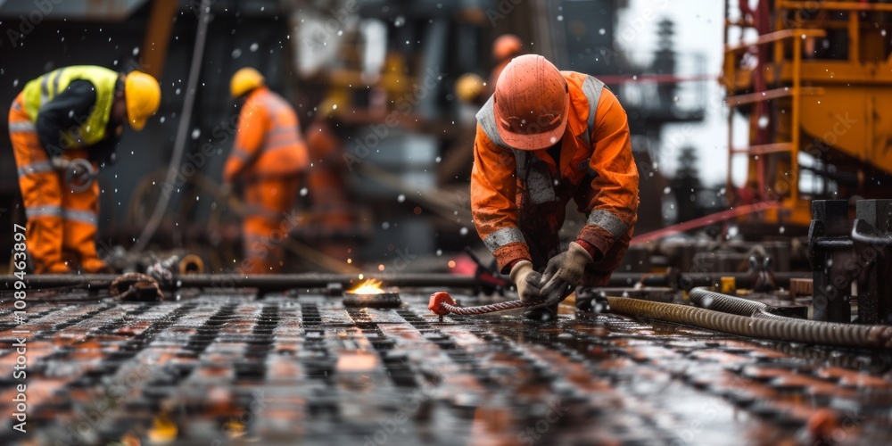 Workers in safety gear, against the backdrop of a massive offshore oil rig in the sea. Generative AI. Workers in safety gear, against the backdrop of a massive offshore oil rig in the sea. Generative AI.