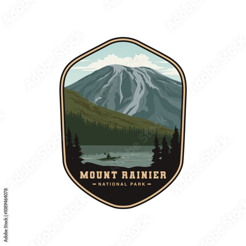 Mount Rainier National Park logo patch badge illustration, peak of mountain scenery design