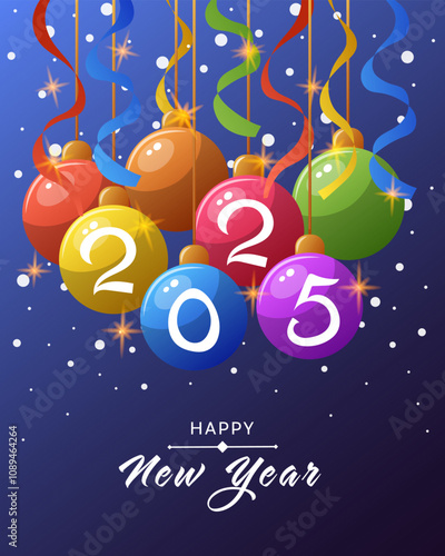 Happy New Year 2025 card with Christmas tree balls