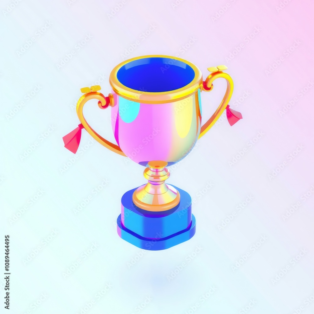 3D gold trophy cup on blue base with pink and blue gradient background. 3D gold trophy cup on blue base with pink and blue gradient background.