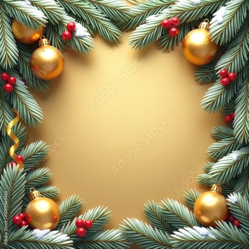 golden Christmas background with fir branches and decorations