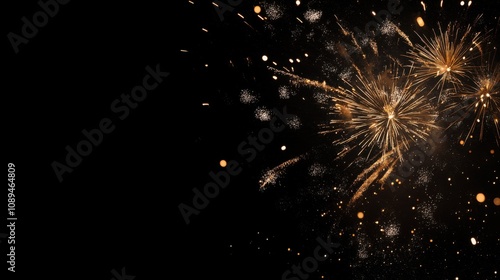 Fireworks lighting up the black night sky with a large empty area for copy.