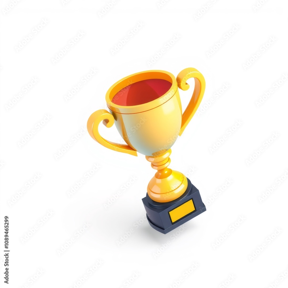 A 3D rendering of a golden trophy with a blank plate on a white background. A 3D rendering of a golden trophy with a blank plate on a white background.
