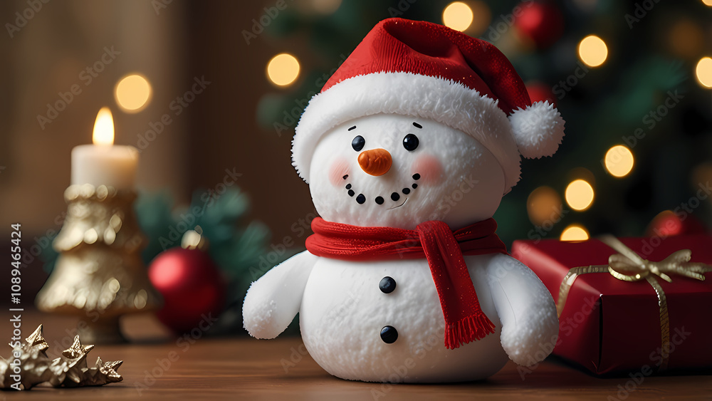 Close up of a snowman doll wearing a Santa Claus hat on a table with Christmas attributes around it Close up of a snowman doll wearing a Santa Claus hat on a table with Christmas attributes around it