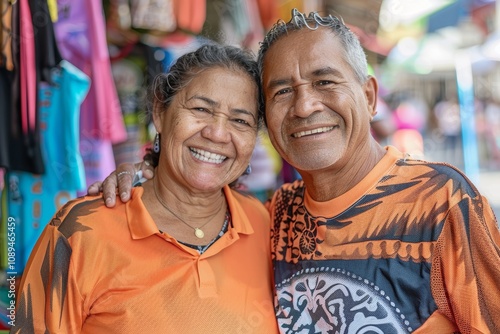 Portrait of a smiling latino couple in their 50s sporting a breathable mesh jersey over vibrant market street background