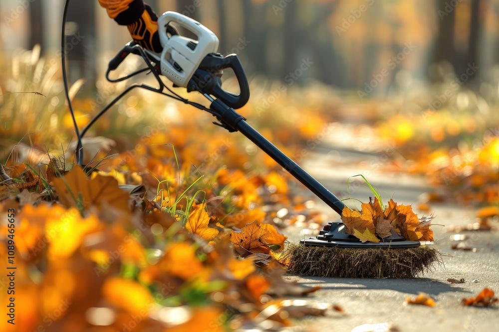 Naklejka premium A leaf blower clears vibrant autumn leaves along a paved pathway, showcasing the beauty of fall and the effectiveness of outdoor tools.