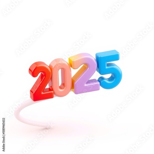 Colorful 3D 2025 new year digits with white curved line.