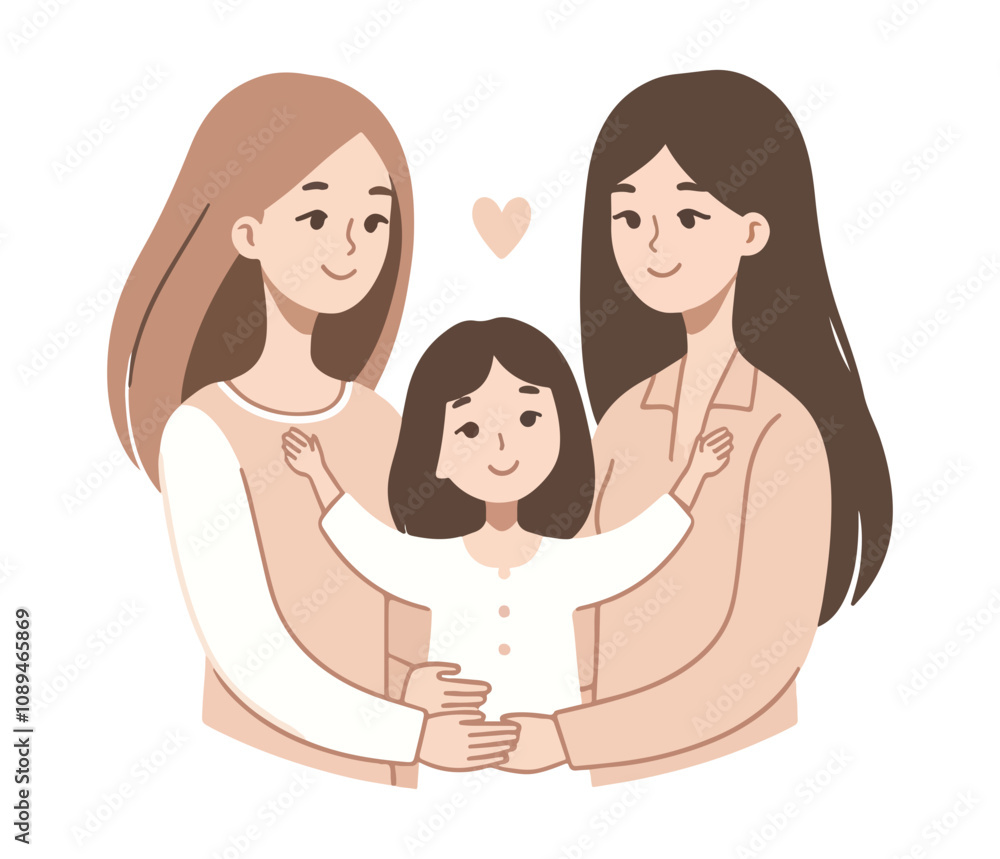 Vector illustration of a loving same-sex family with two mothers and a child, symbolizing love, inclusivity, and family unity Vector illustration of a loving same-sex family with two mothers and a child, symbolizing love, inclusivity, and family unity