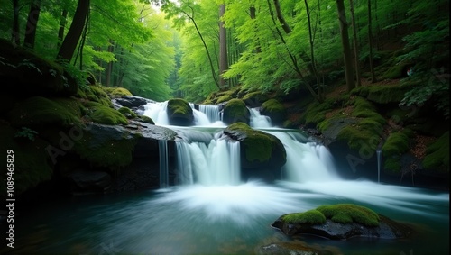 A serene waterfall in a lush forest with moss-covered rocks and tranquil flowing water. Generative, AI,