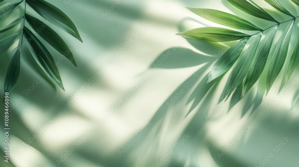 Green palm leaves with shadows cast on a soft, green background. Green palm leaves with shadows cast on a soft, green background.