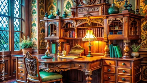 Victorian Inspired Writer's Desk with Intricate Papercut Elements - Architectural Photography