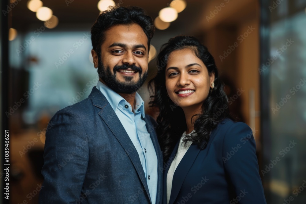 Portrait of a happy indian couple in their 30s dressed in a stylish blazer in front of sophisticated corporate office background Portrait of a happy indian couple in their 30s dressed in a stylish blazer in front of sophisticated corporate office background