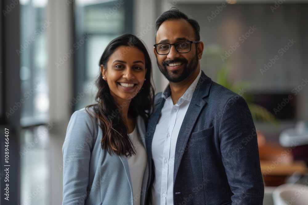 Portrait of a happy indian couple in their 30s dressed in a stylish blazer over sophisticated corporate office background Portrait of a happy indian couple in their 30s dressed in a stylish blazer over sophisticated corporate office background