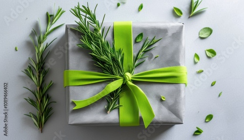 Eco-friendly gift wrapped in recycled off-white paper with green ribbon and rosemary accent photo