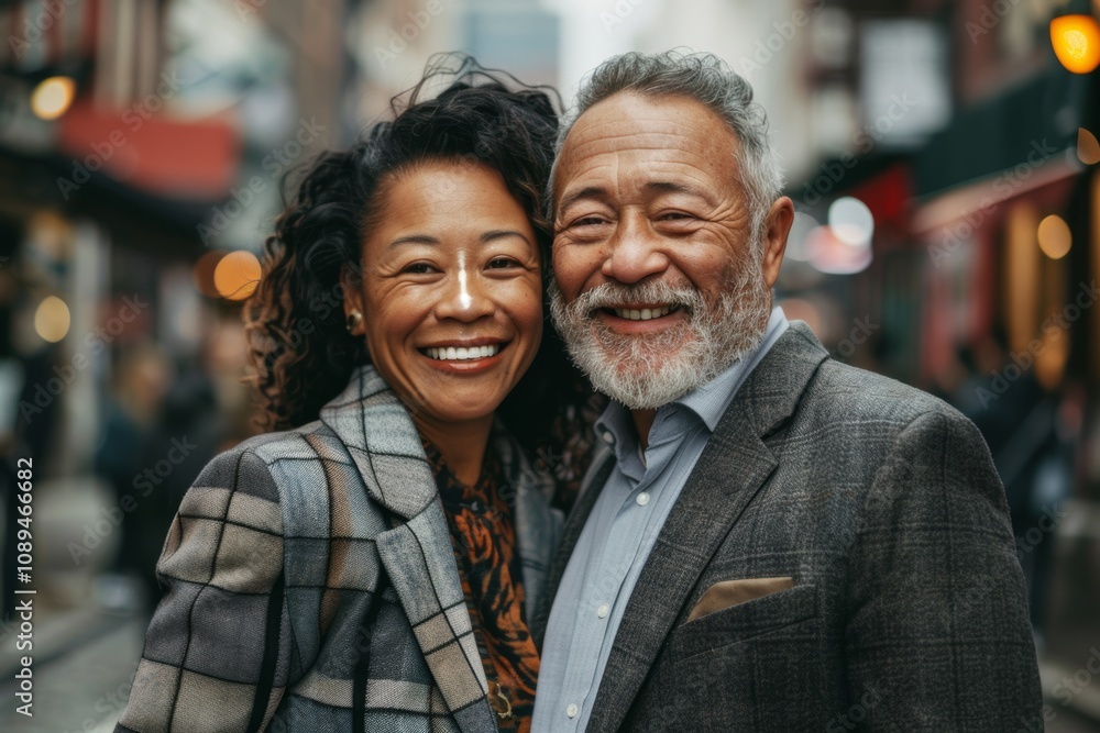 Portrait of a cheerful mixed race couple in their 50s wearing a professional suit jacket on vibrant market street background Portrait of a cheerful mixed race couple in their 50s wearing a professional suit jacket on vibrant market street background