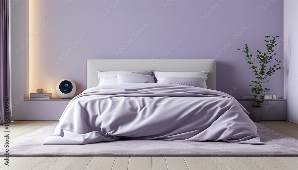 Serene minimalist bedroom in soft lavender with copy space Serene minimalist bedroom in soft lavender with copy space