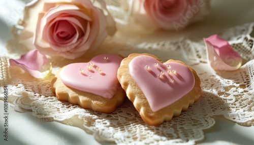 Romantic heart-shaped cookies with pink icing and roses, with copy space