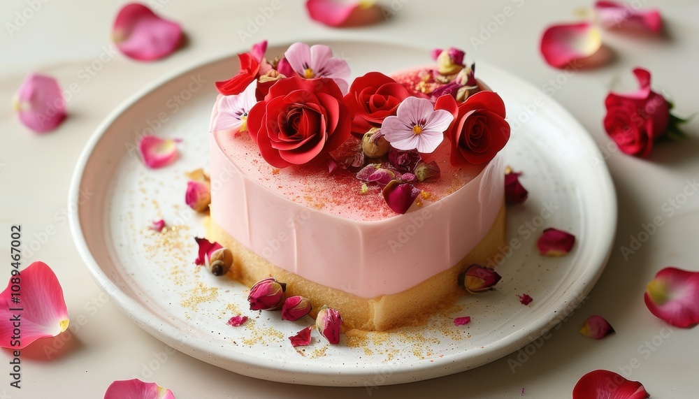 Romantic heart shaped dessert with pink and red roses on plate with copy space Romantic heart shaped dessert with pink and red roses on plate with copy space