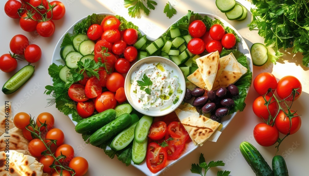 Heart-shaped platter with fresh vegetables and dip for a healthy meal presentation Heart-shaped platter with fresh vegetables and dip for a healthy meal presentation