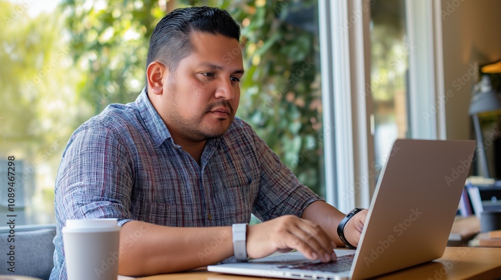 Focused man working on a laptop at home with coffee and natural light Focused man working on a laptop at home with coffee and natural light